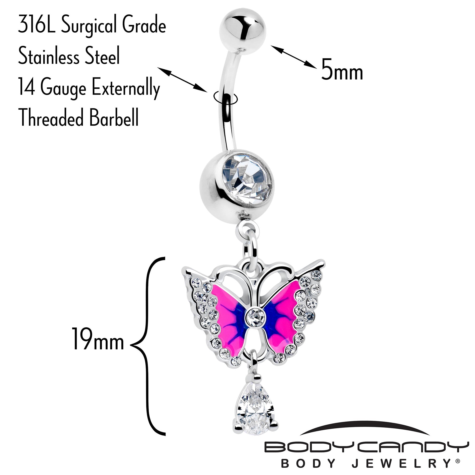 Clear Gem Drop Butterfly Pink Blue Dangle Belly Ring