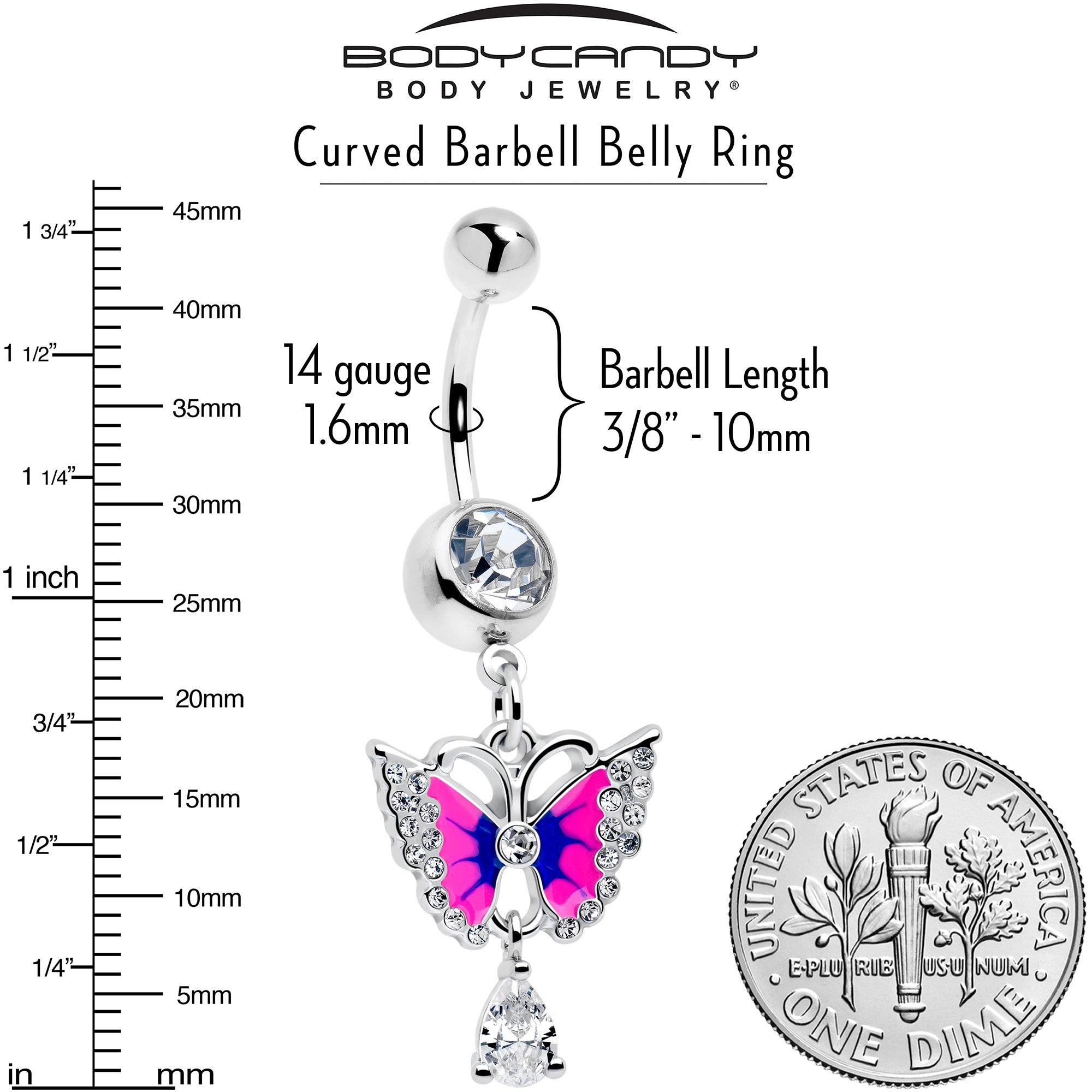Clear Gem Drop Butterfly Pink Blue Dangle Belly Ring