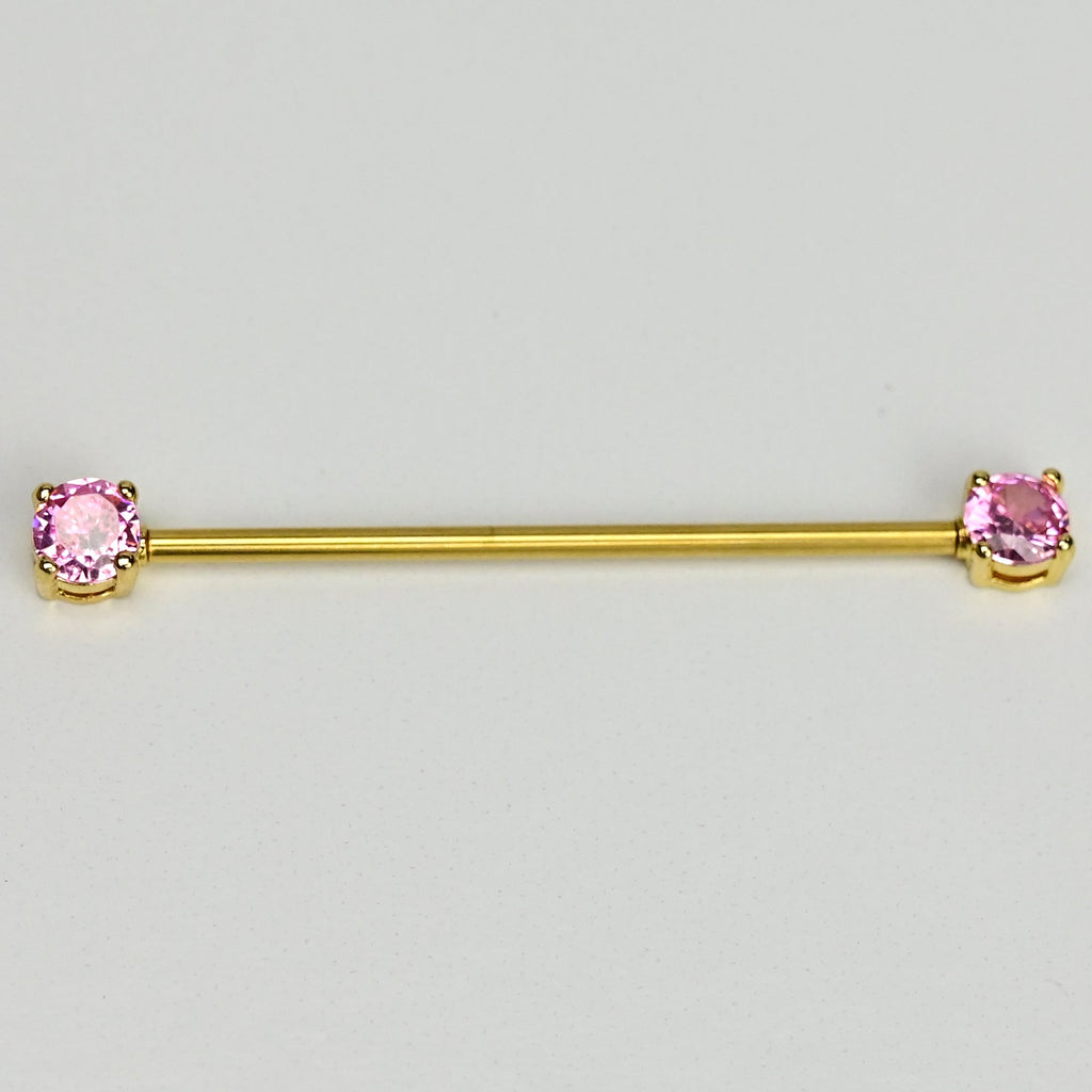 14G Pink Gem Gold Tone Internally Threaded Industrial Barbell 38mm