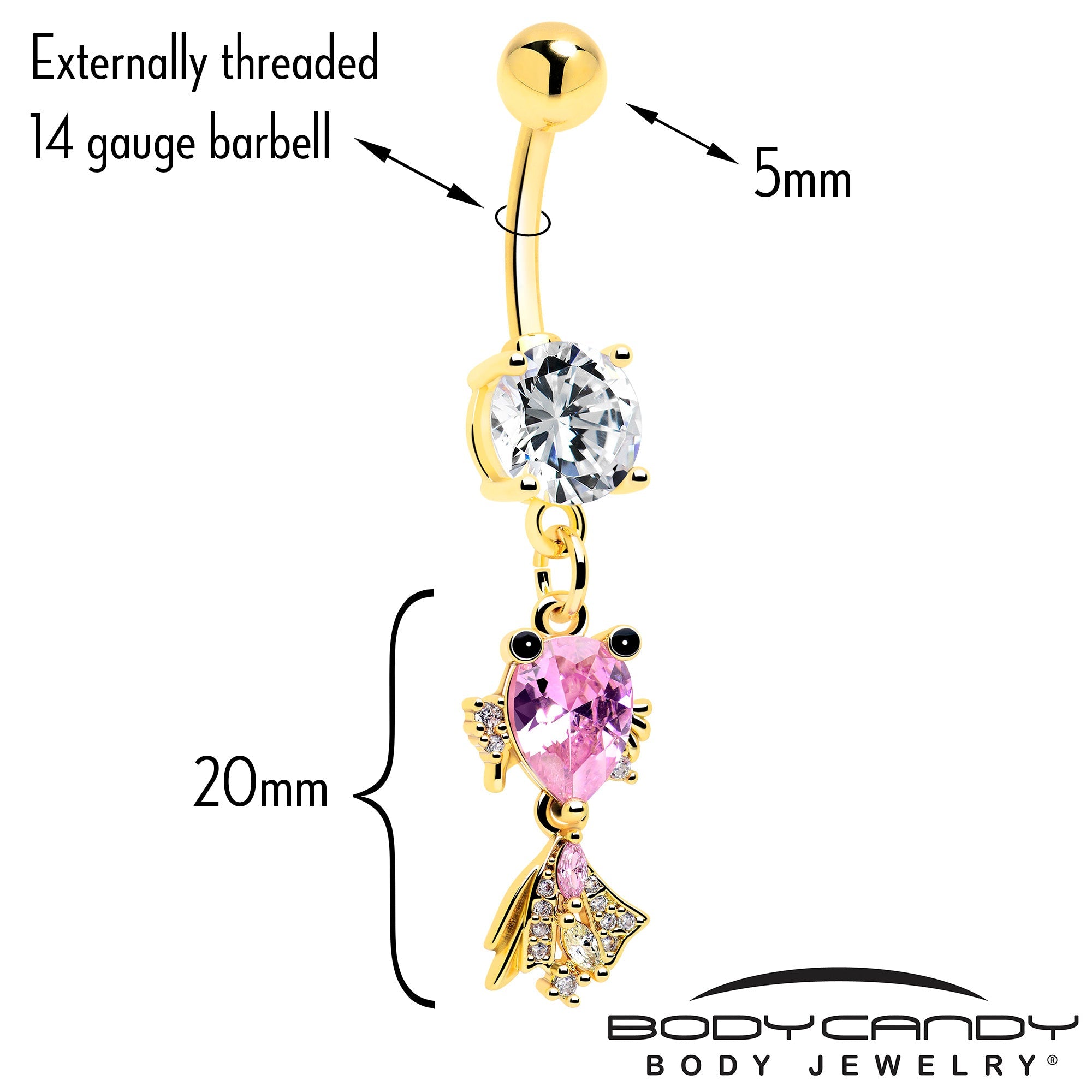 Clear Pink CZ Gem Gold Tone Fanciful Fish Dangle Belly  Ring