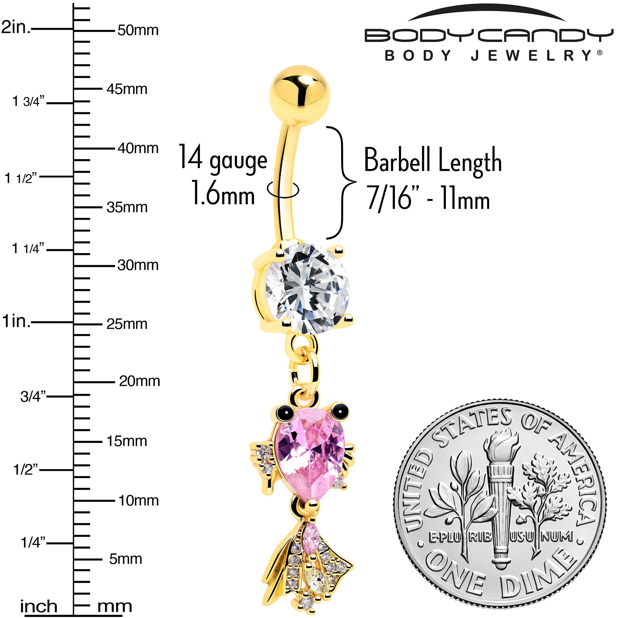 Clear Pink CZ Gem Gold Tone Fanciful Fish Dangle Belly  Ring