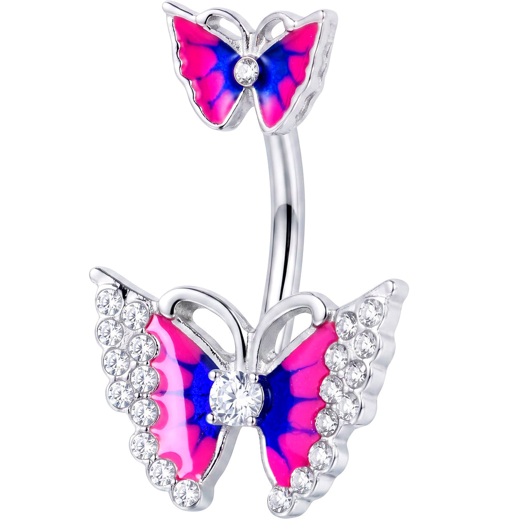 Clear Gem Butterfly Pink Blue Double Mount Belly Ring