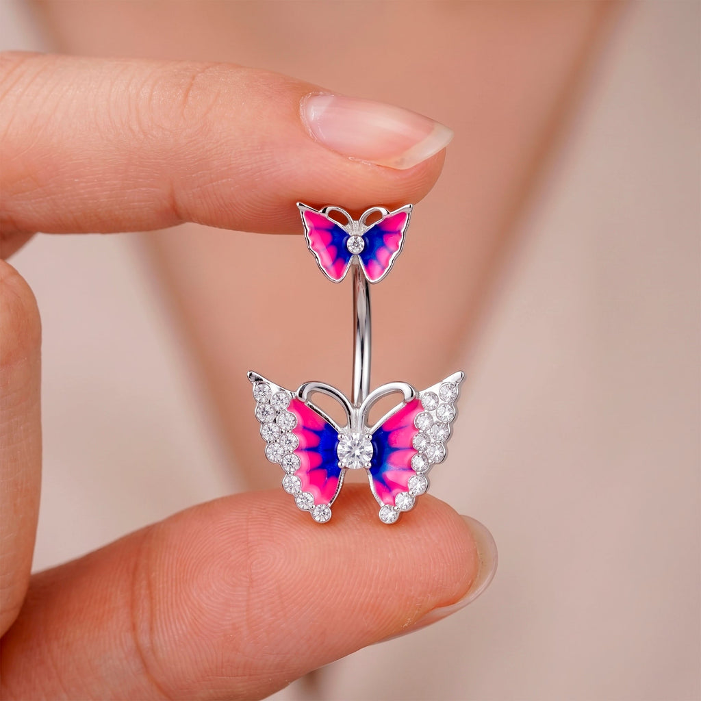 Clear Gem Butterfly Pink Blue Double Mount Belly Ring