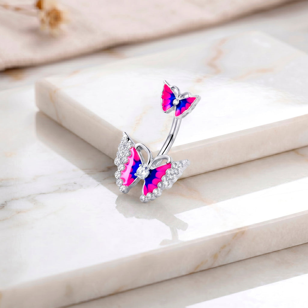 Clear Gem Butterfly Pink Blue Double Mount Belly Ring