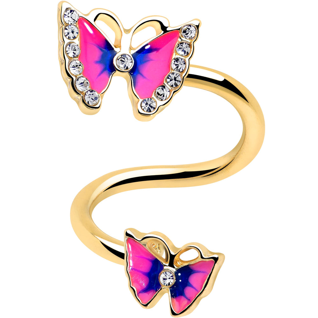 Clear Gem Gold Tone Butterfly Pink Blue Spiral Twister Belly Ring