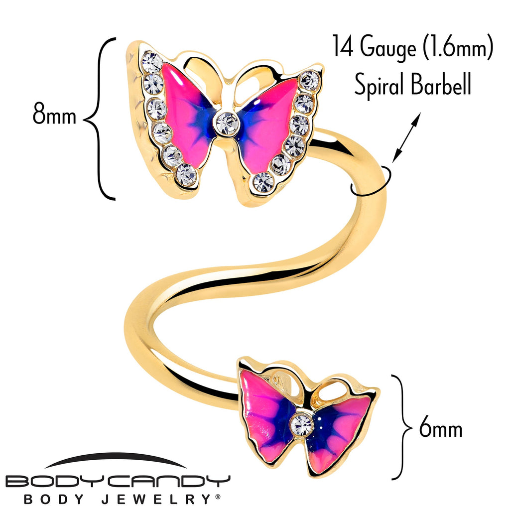 Clear Gem Gold Tone Butterfly Pink Blue Spiral Twister Belly Ring