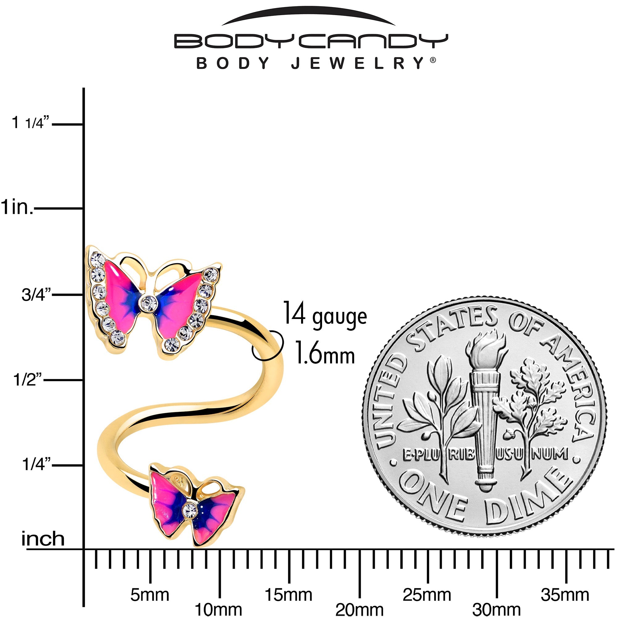 Clear Gem Gold Tone Butterfly Pink Blue Spiral Twister Belly Ring
