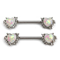 14G 9/16 White Faux Opal Sun Heart Barbell Nipple Ring Set