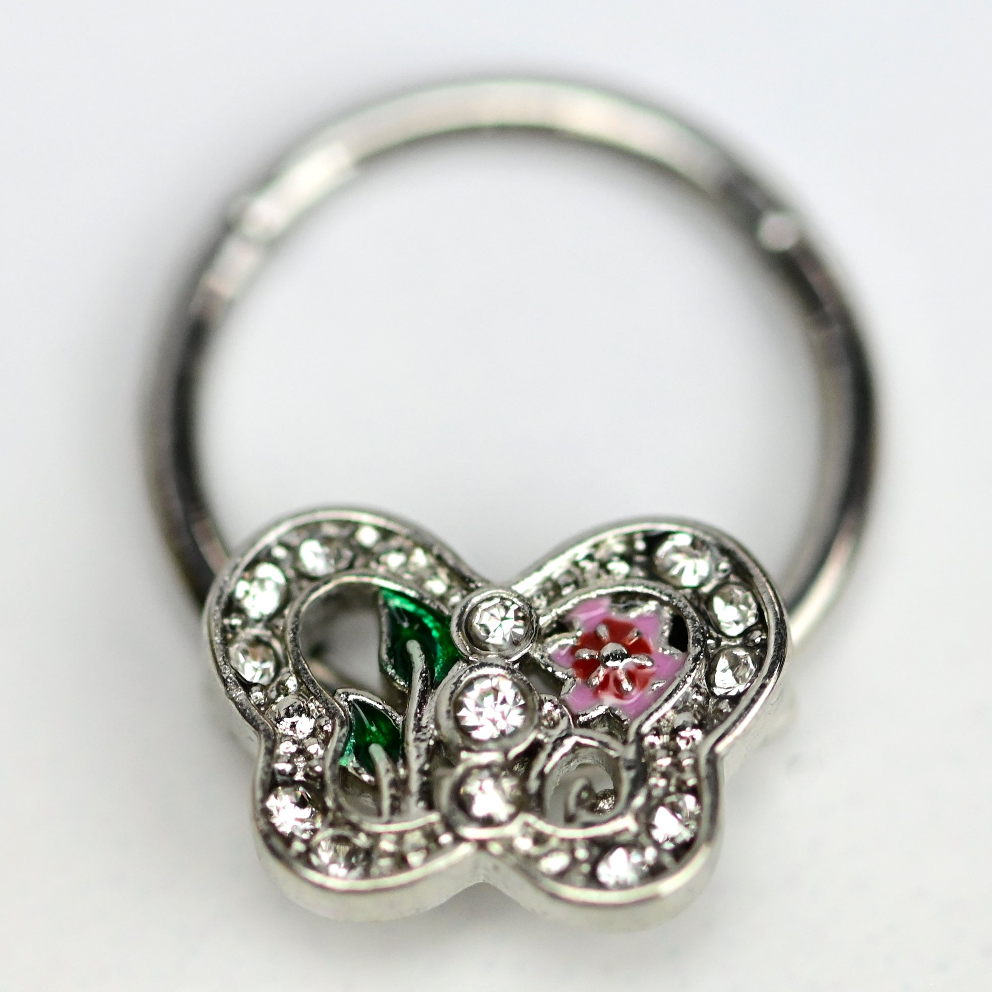 16G 3/8 Clear Pink Gem Floral Butterfly Style Hinged Segment Ring