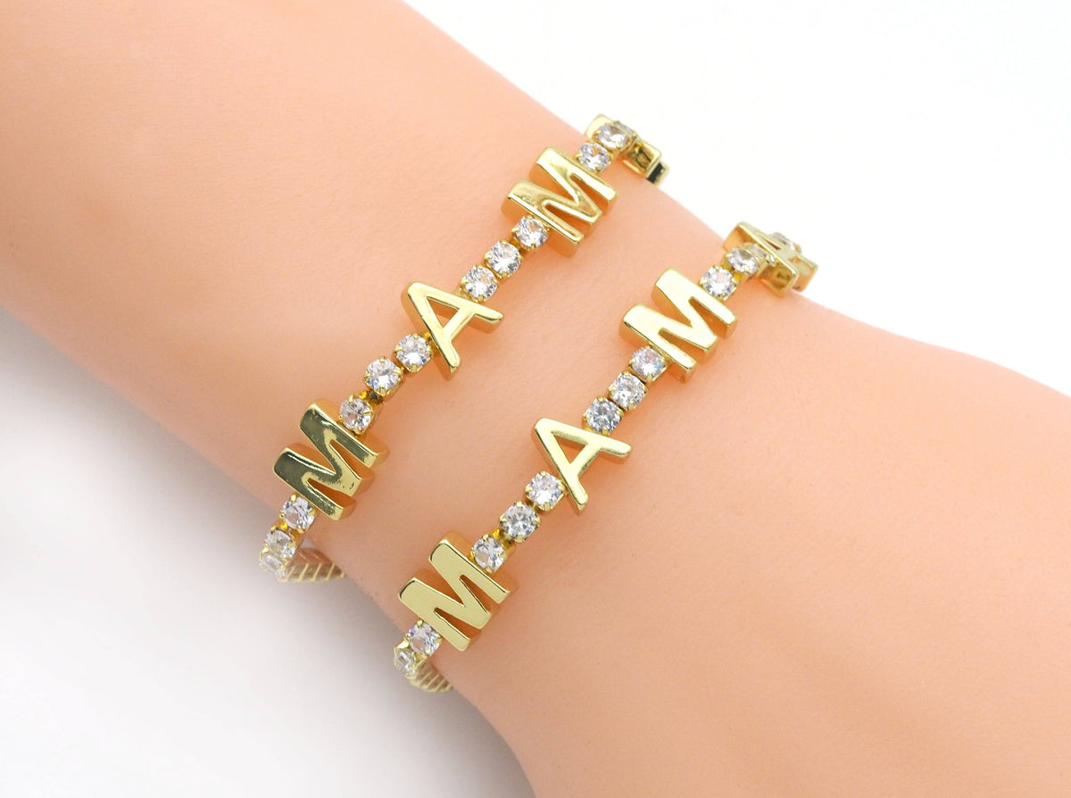 Gold Silver MAMA Tennis Chain Bracelet, Sku#LD370