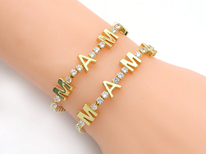 Gold Silver MAMA Tennis Chain Bracelet, Sku#LD370