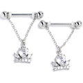 14G 9/16 Clear CZ Gem Crown Heart Dangle Nipple Ring Set