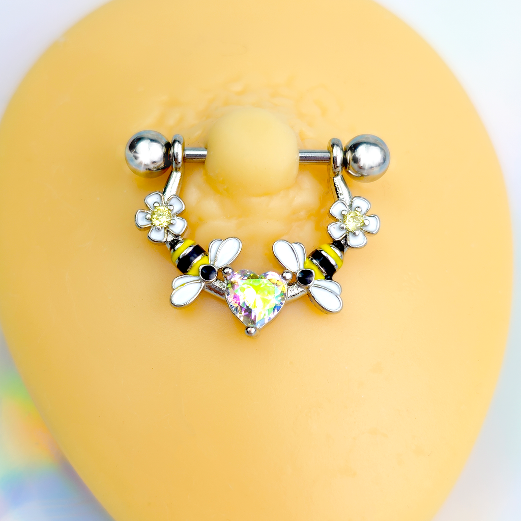 14G 9/16 Aurora Gem Heart Bees Flowers Dangle Nipple Ring Set