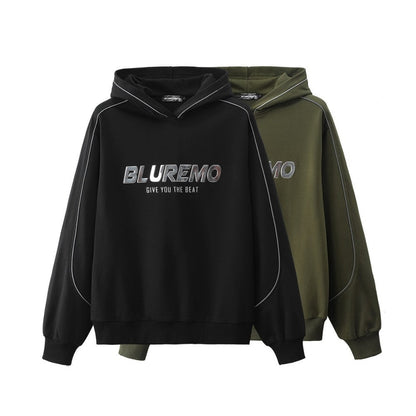 Mens American-style High-street Reflective-striped Hooded Sweatshirt Mirrored Finish
