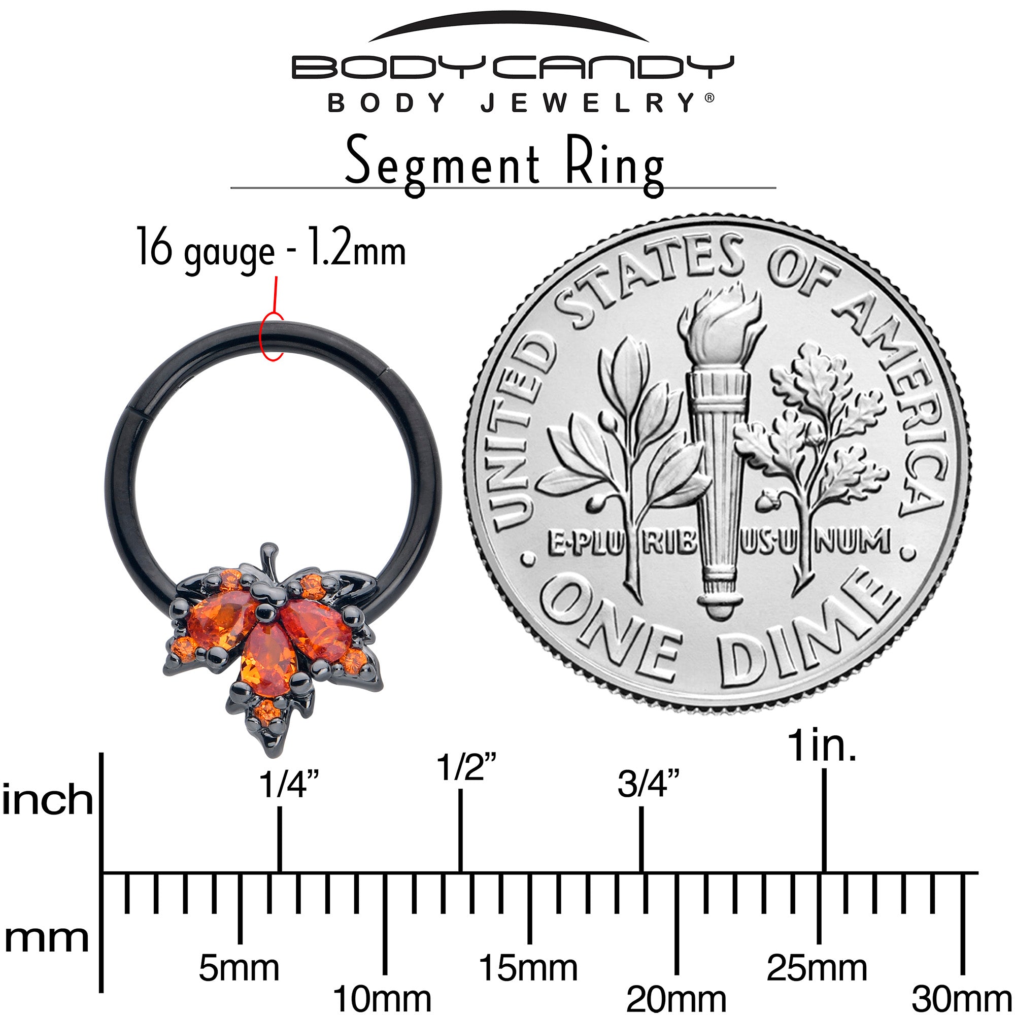 16G 3/8 Orange CZ Gem Black Autumn Leaf Hinged Segment Ring