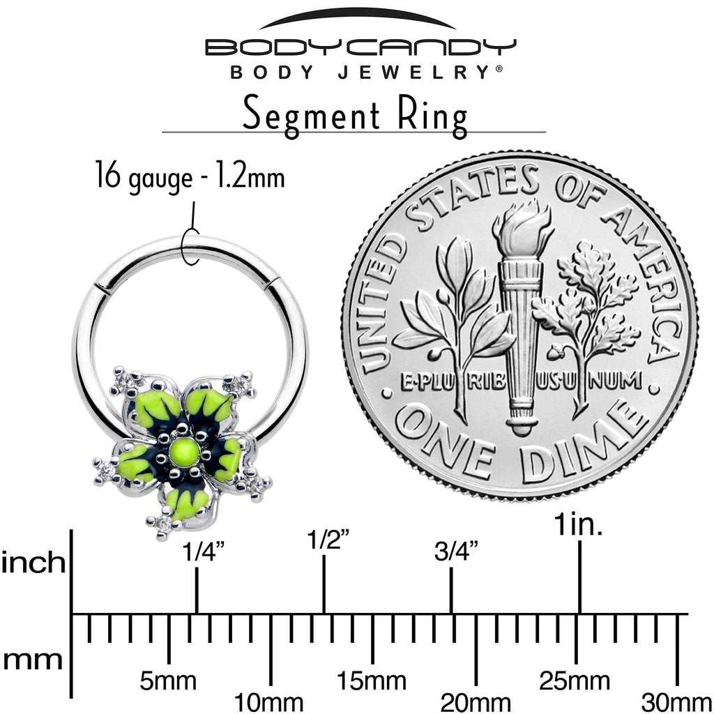 16G 3/8 Clear CZ Gem Go Green Flower Hinged Segment Ring