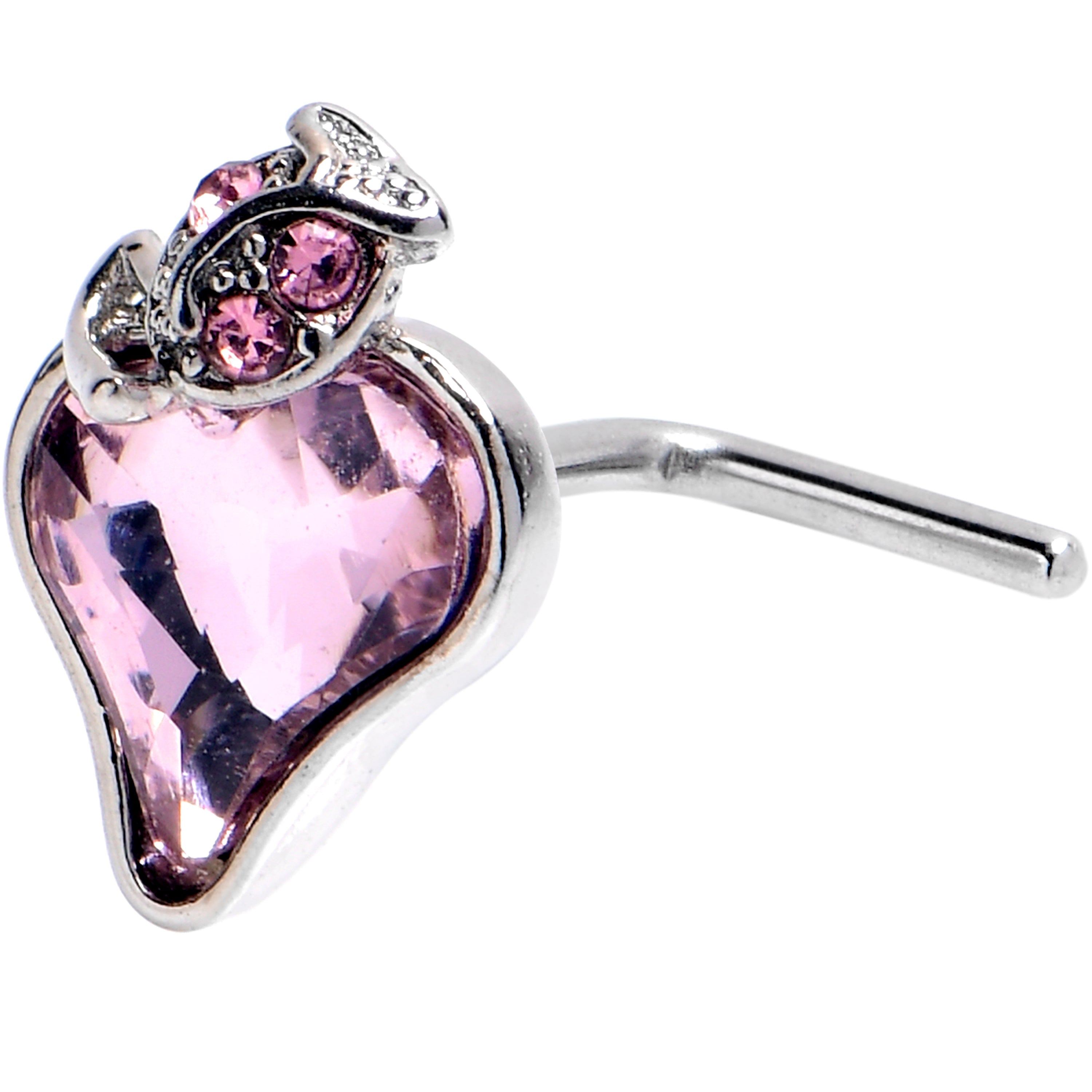 20G 5/16 Pink Gem Strawberry Love Heart L Shape Nose Ring
