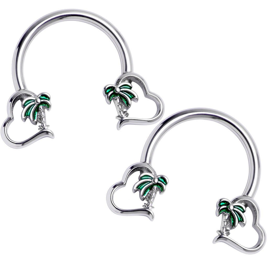 14G 9/16 Palm Tree Love Horseshoe Nipple Ring Set