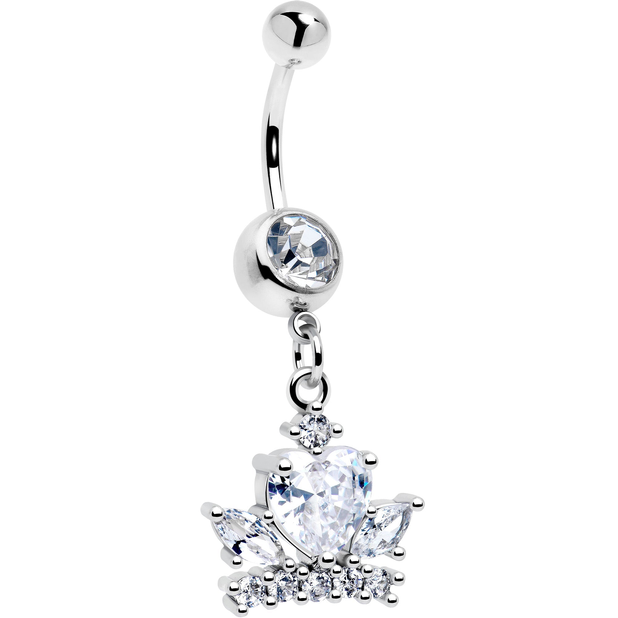 Clear Gem Heart Crown Dangle Belly Ring