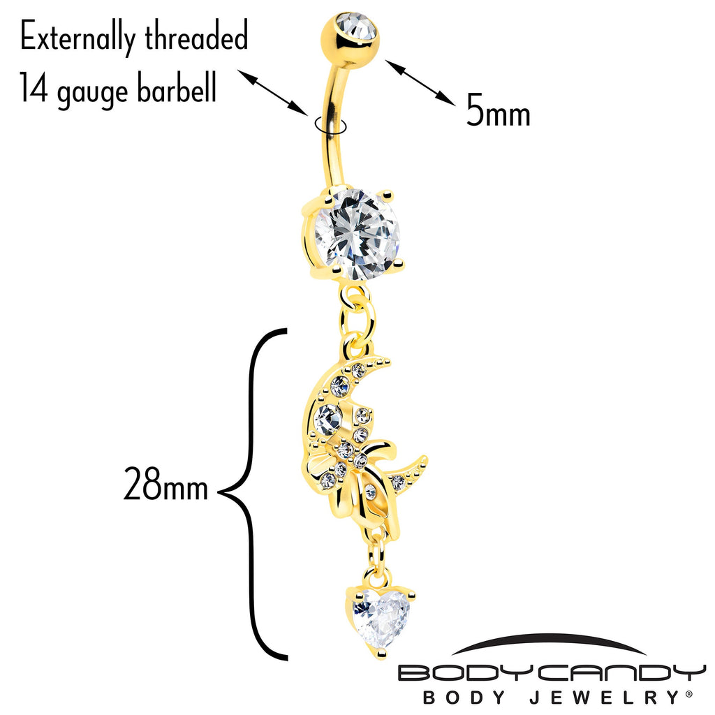 Clear CZ Gem Gold Tone Moon Bow Heart Dangle Belly Ring