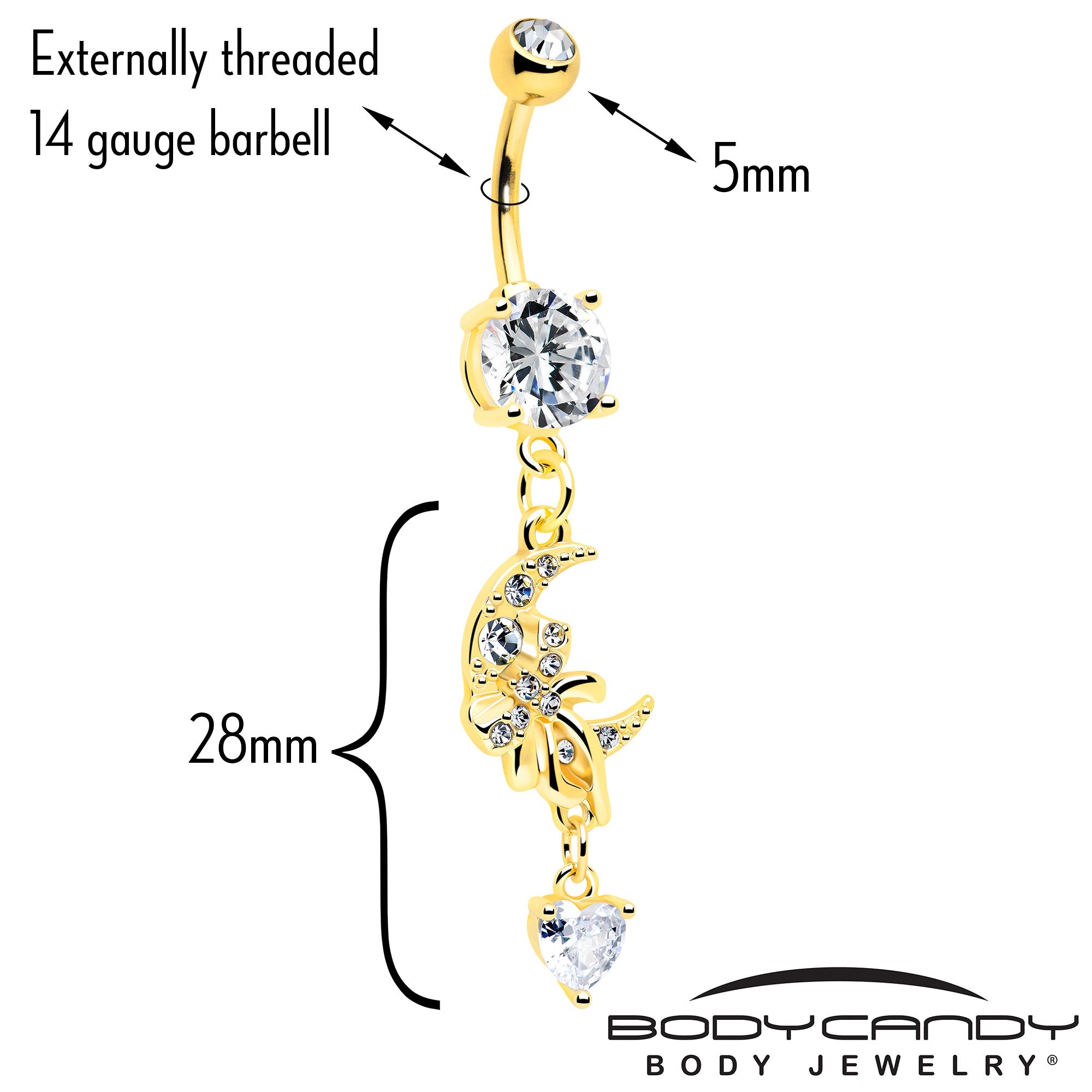 Clear CZ Gem Gold Tone Moon Bow Heart Dangle Belly Ring