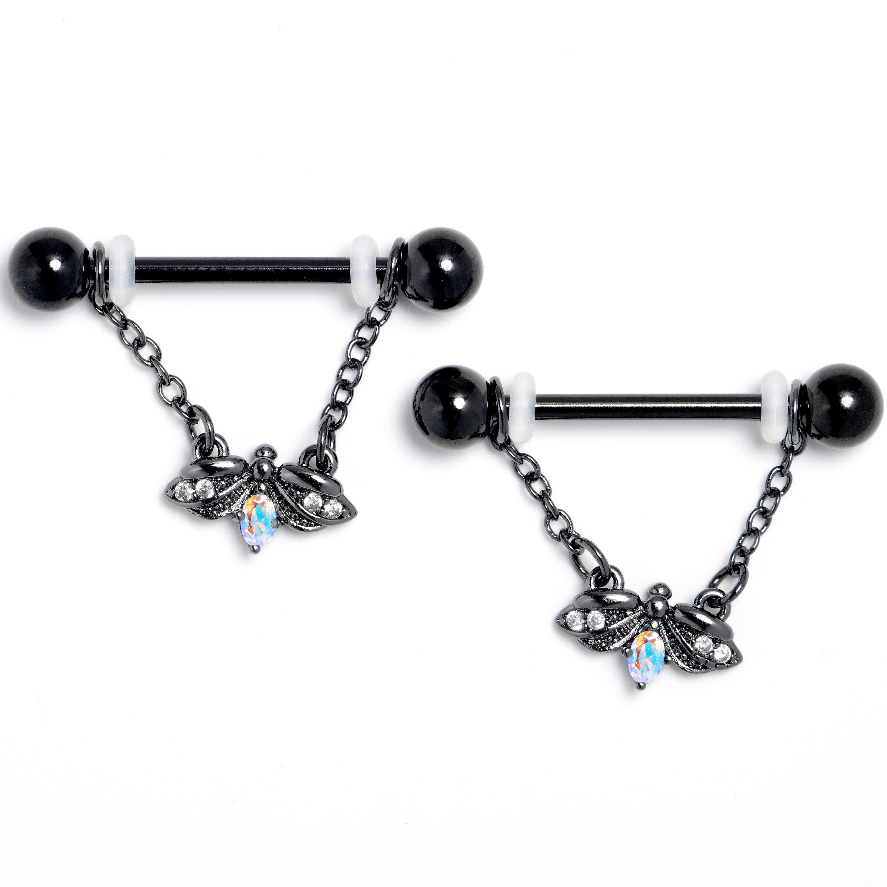 14G 9/16 Aurora Gem Black Gothic Butterfly Dangle Nipple Ring Set