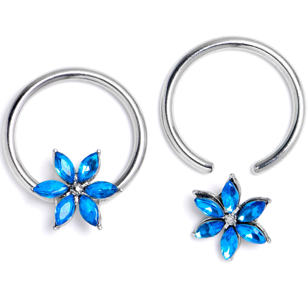 16G 3/8 Blue Gem Flower Blossom BCR Captive Ring Set of 4