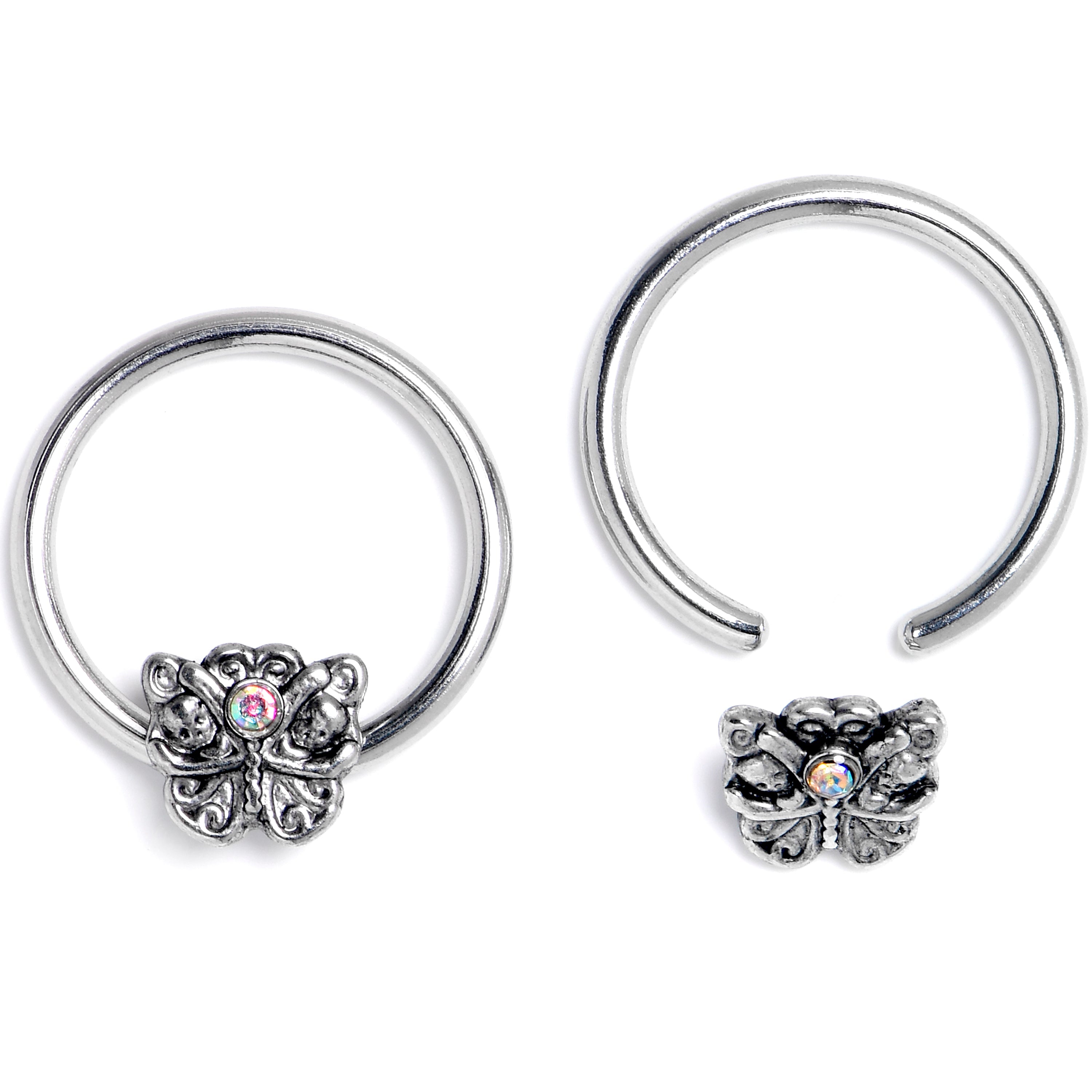 16G 3/8 Aurora Gem Butterfly Ornate BCR Captive Ring Set of 4