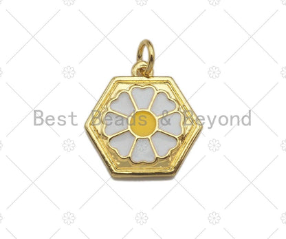 White Enamel Daisy Flower On Hexagon Shape Pendant Charm, Enamel Hexagon Charm,16x16mm,sku#L355