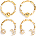 16G 3/8 Clear Gem Gold Tone Moon Sun BCR Captive Horseshoe Set of 4