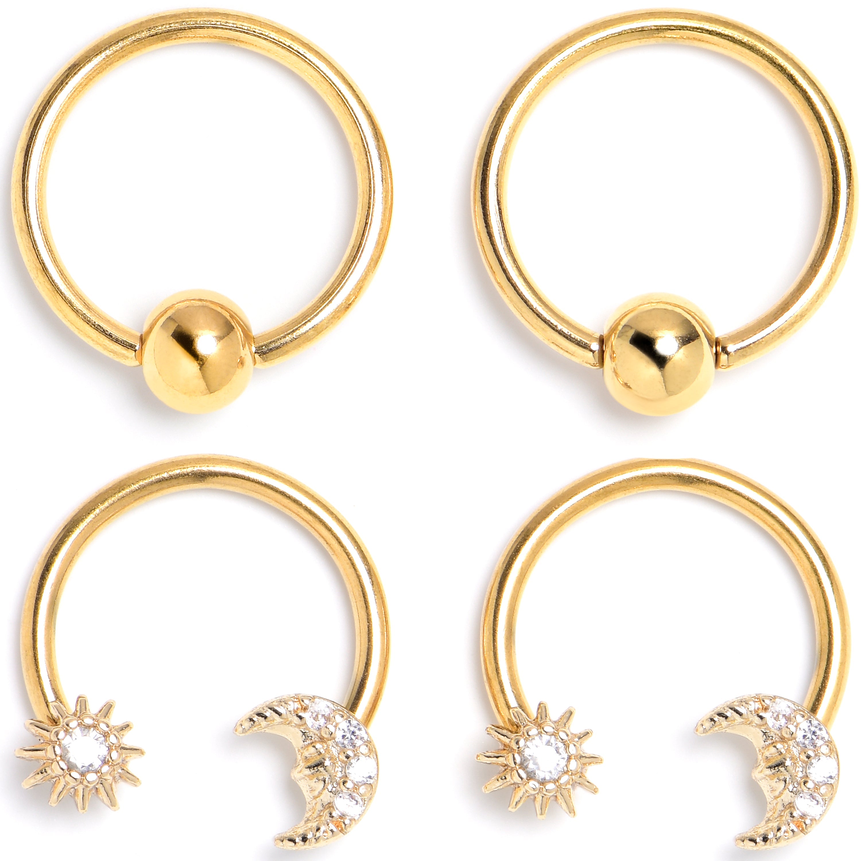 16G 3/8 Clear Gem Gold Tone Moon Sun BCR Captive Horseshoe Set of 4