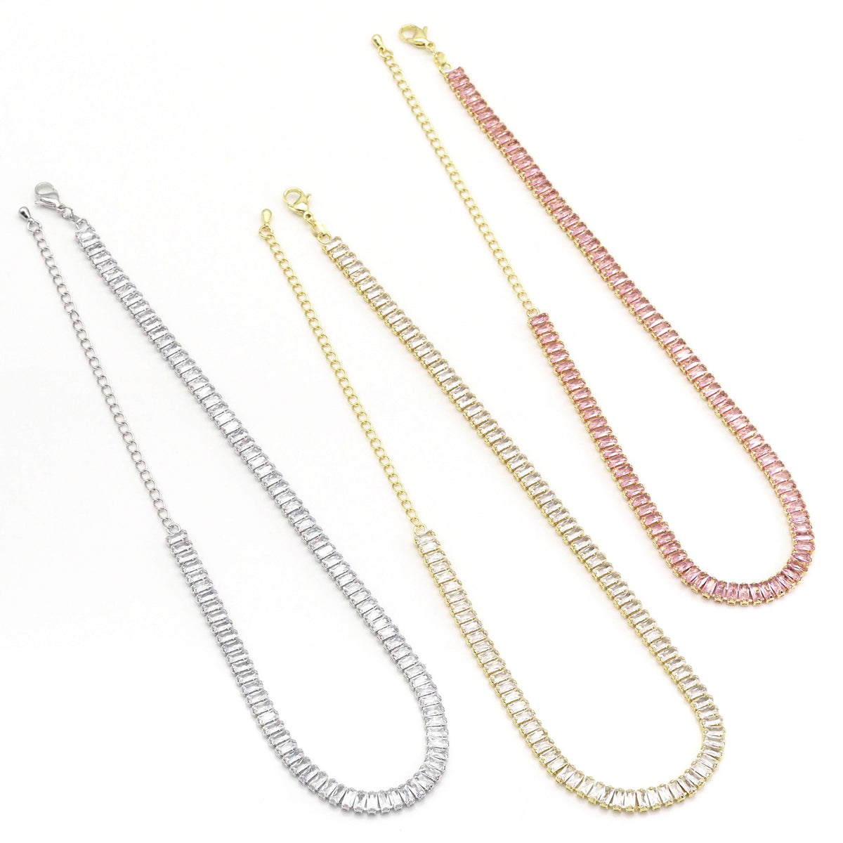 Thick Baguette CZ Tennis Chain Necklace,Sku#LD349
