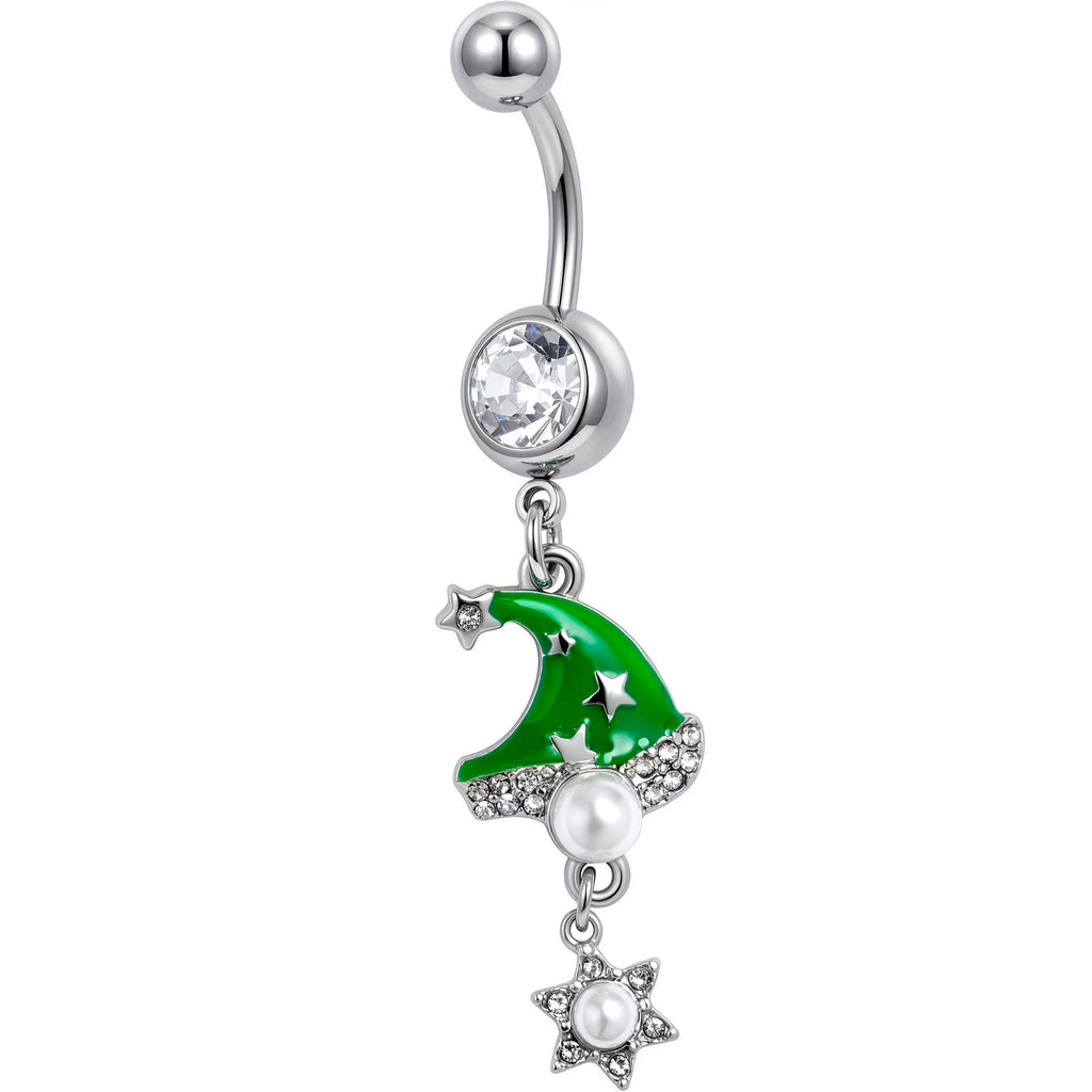 Clear Gem Santa Hat Stars Green Dangle Belly Ring