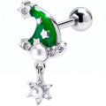 16G 1/4 Clear Gem Santa Hat Stars Green Dangle Cartilage Earring