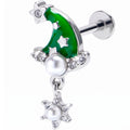 16G 5/16 Clear Gem Santa Hat Stars Green Dangle Labret Monroe Tragus