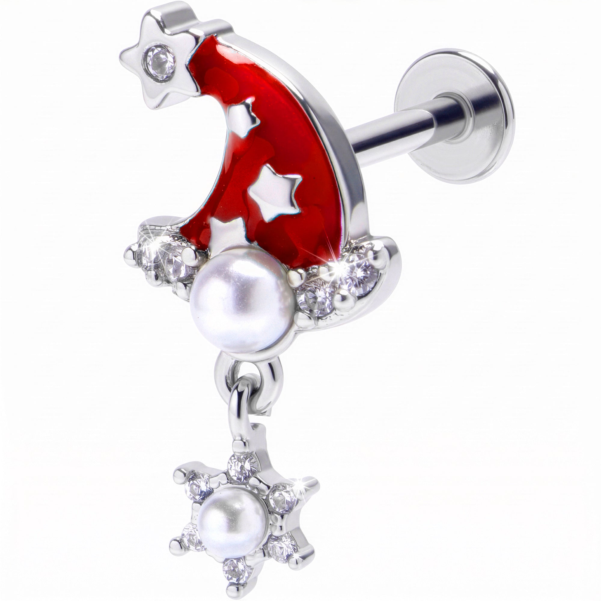 16G 5/16 Clear Gem Santa Hat Stars Red Dangle Labret Monroe Tragus