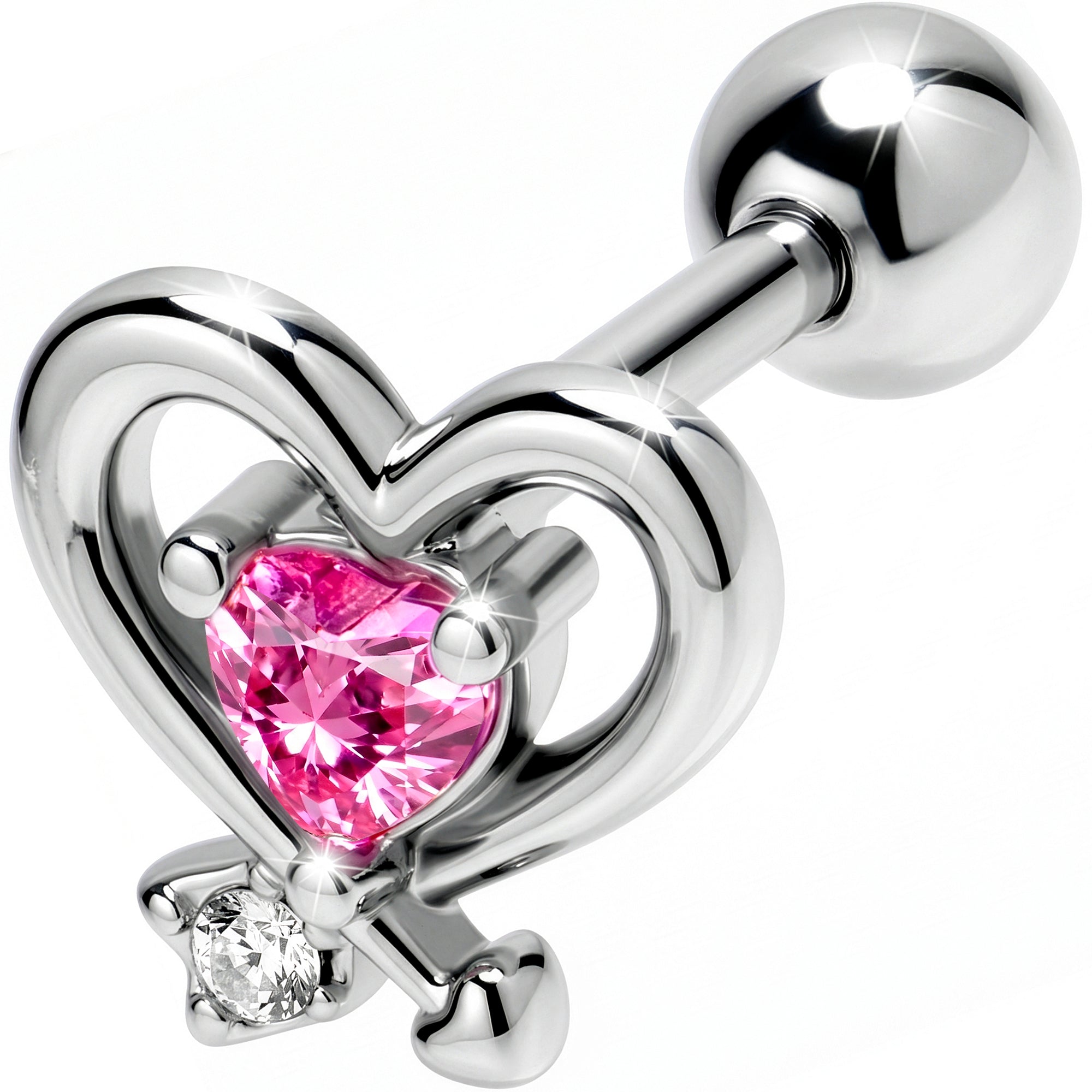 16G 1/4 Pink CZ Gem Wrapped In Heart Cartilage Tragus Earring