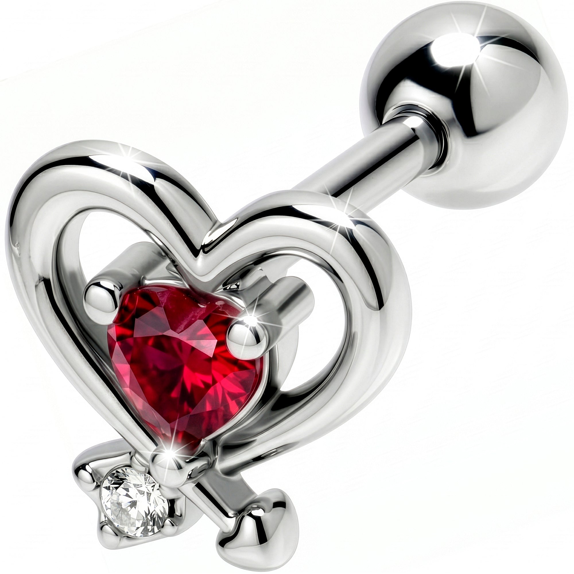 16G 1/4 Red CZ Gem Wrapped In Heart Cartilage Tragus Earring