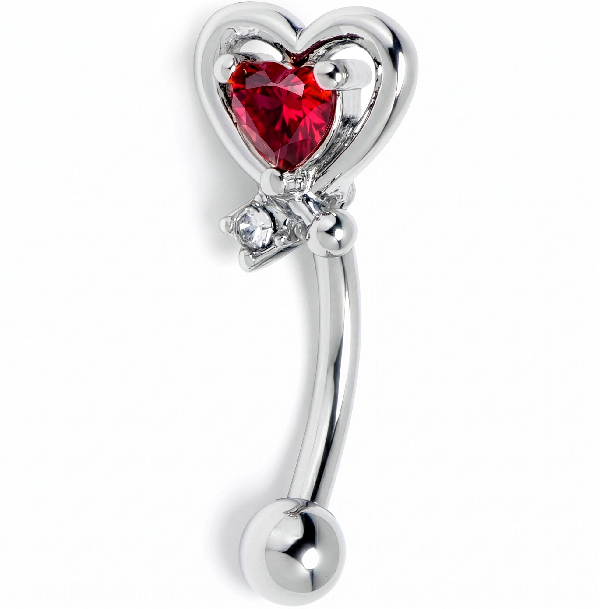 16G 5/16 Red CZ Gem Wrapped In Heart Curved Eyebrow Ring