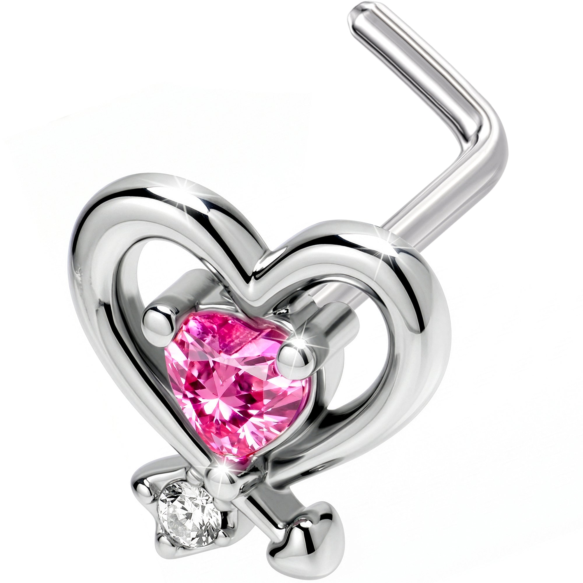 20G 7mm Pink CZ Gem Wrapped In Heart L Shape Nose Ring