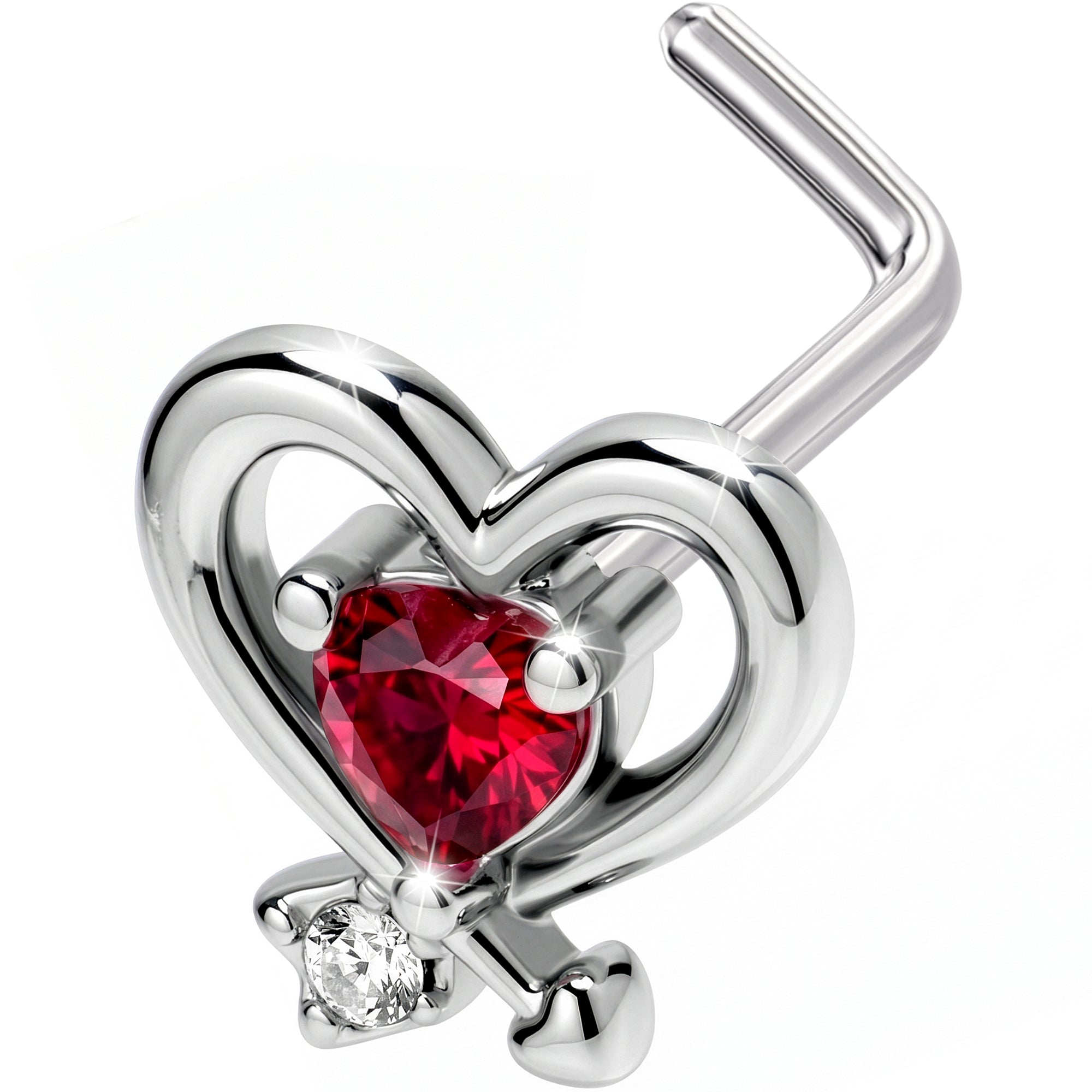 20G 7mm Red CZ Gem Wrapped In Heart L Shape Nose Ring