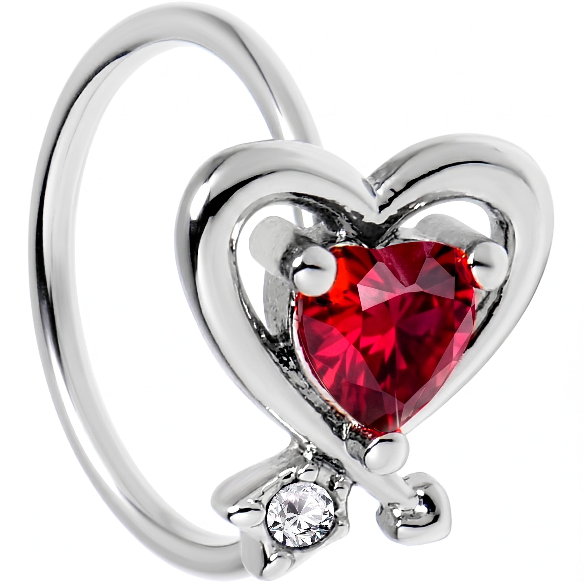 20G 5/16 Red CZ Gem Wrapped In Heart Nose Hoop