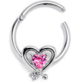 16G 3/8 Pink CZ Gem Wrapped In Heart Hinged Segment Ring