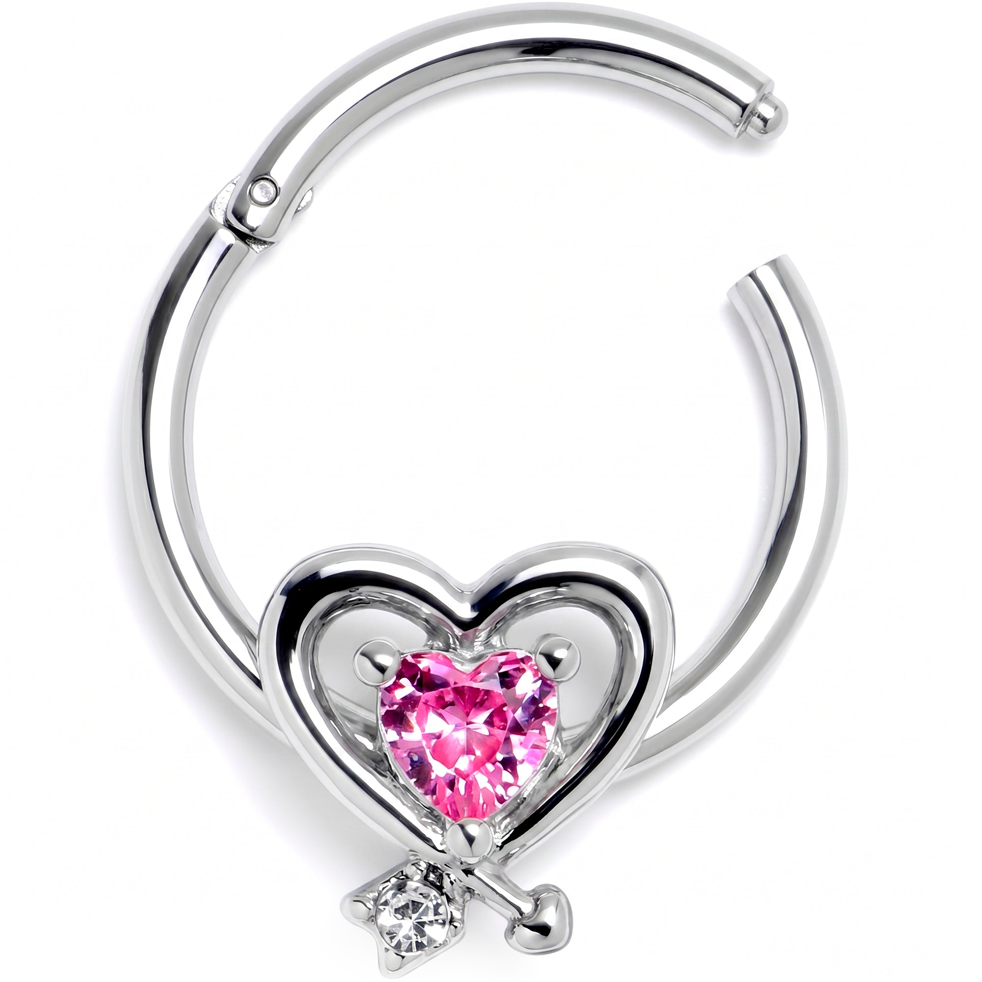 16G 3/8 Pink CZ Gem Wrapped In Heart Hinged Segment Ring