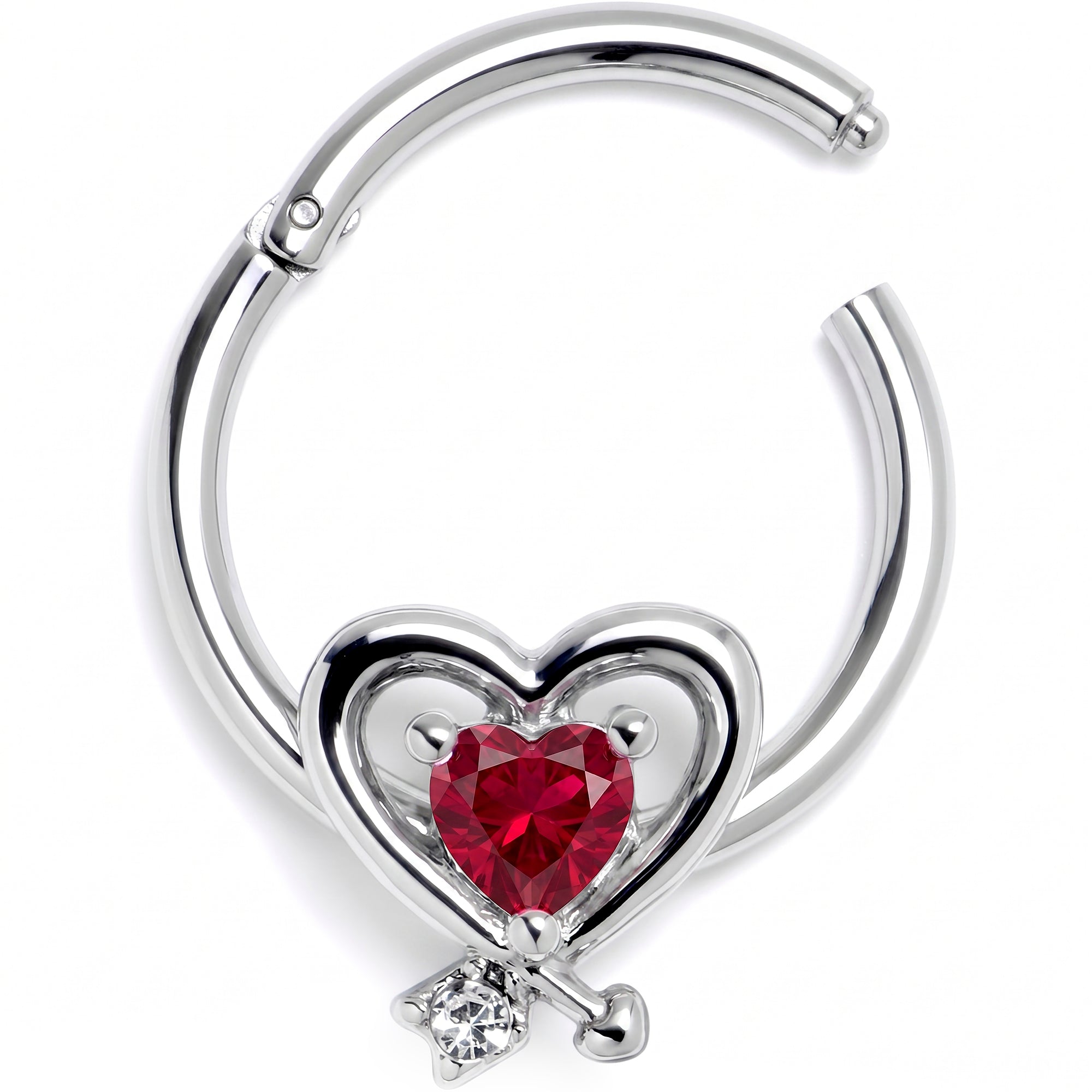 16G 3/8 Red CZ Gem Wrapped In Heart Hinged Segment Ring