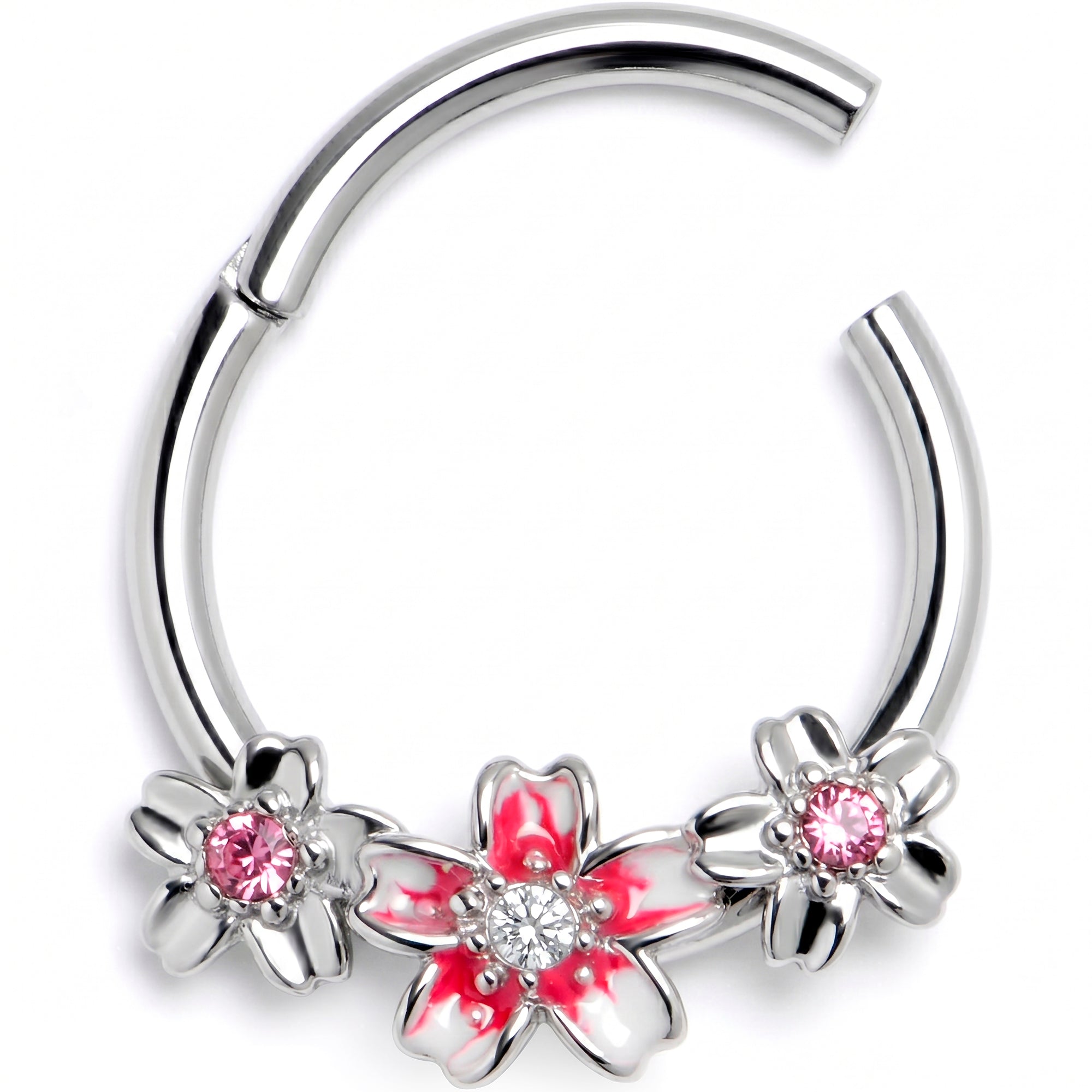 16G 3/8 Pink Clear Gem Perfect Flowers Hinged Segment Ring