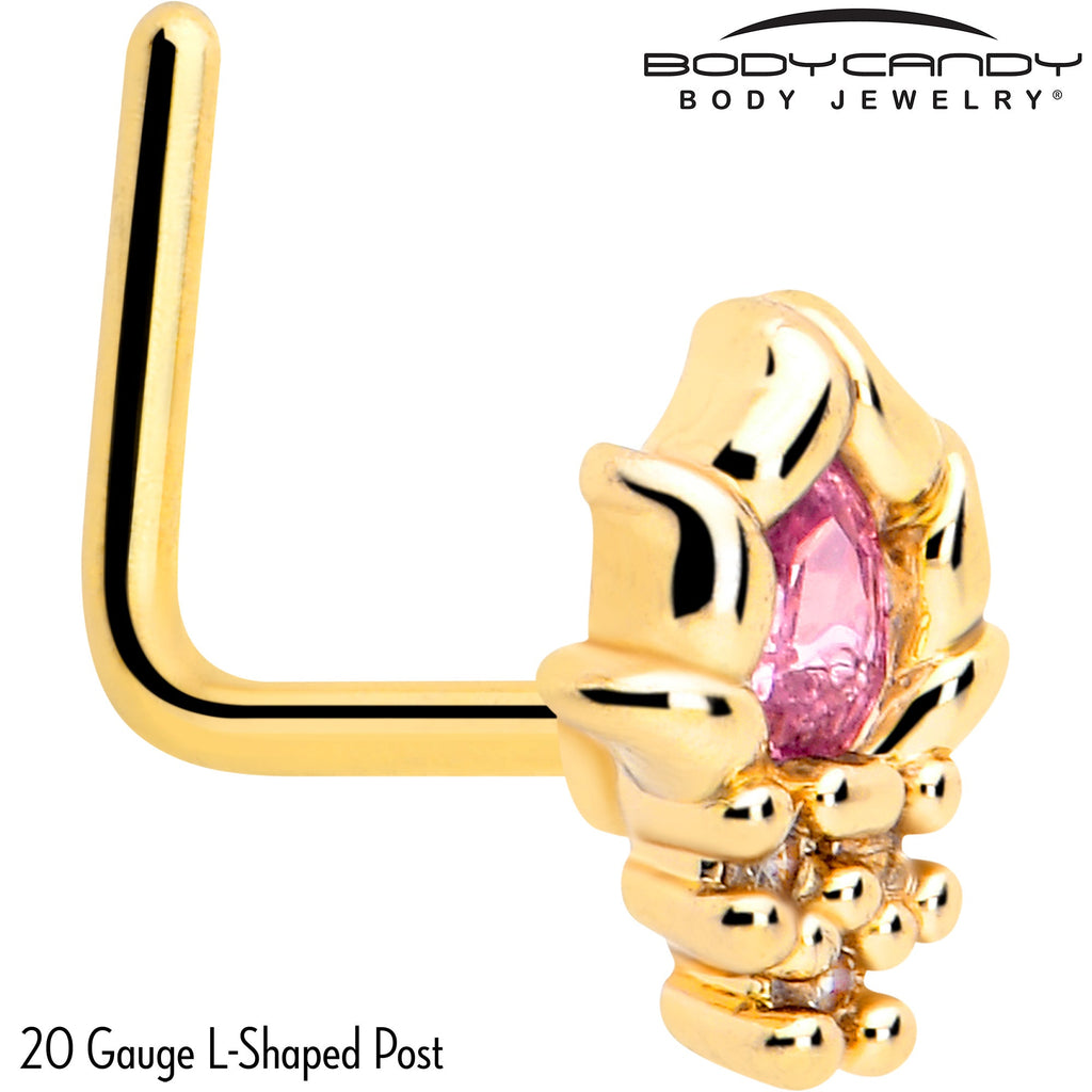 20G 7mm Pink CZ Gem Gold Tone Style Fire L Shape Nose Ring