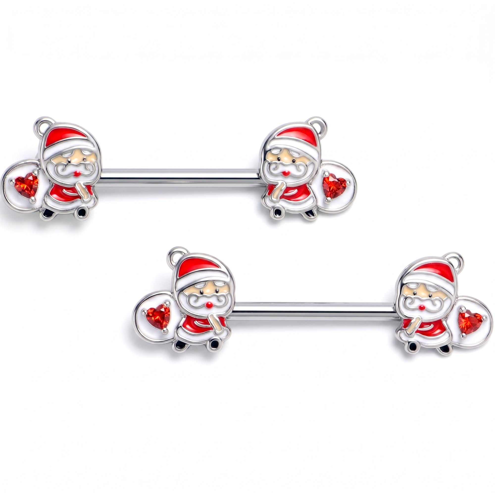 14G 9/16 Red Gem Santa Bag Heart Holiday Barbell Nipple Ring Set