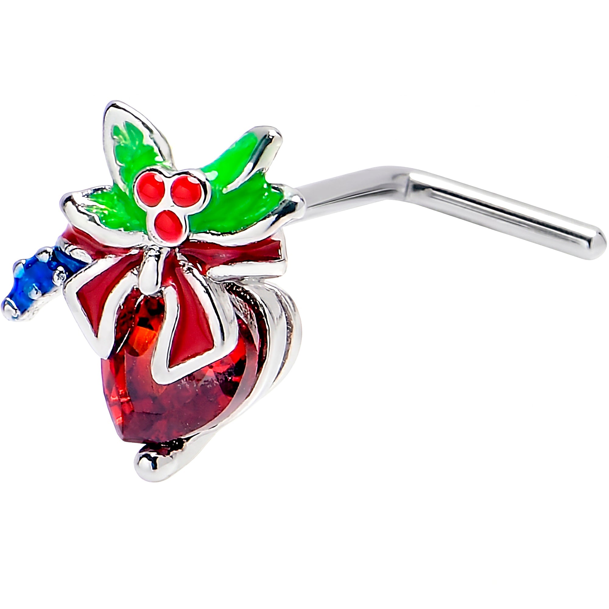 20G 7mm Red Gem Festive Holiday Ornament L Shape Nose Ring