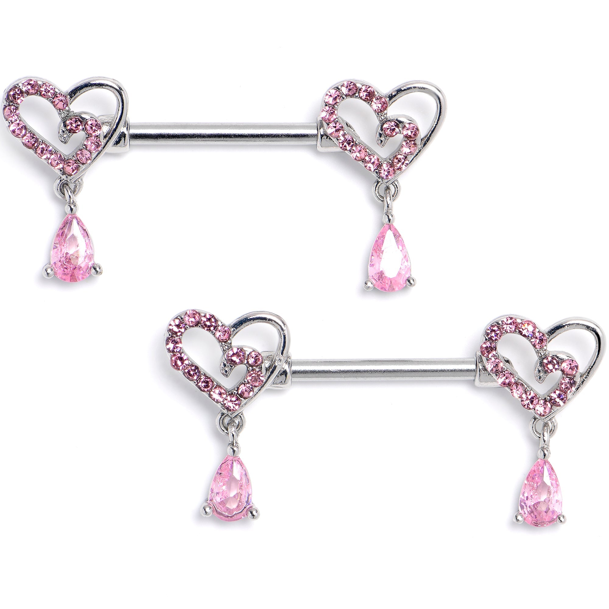 14G 9/16 Pink CZ Gem Asymmetrical Heart Dangle Nipple Ring Set